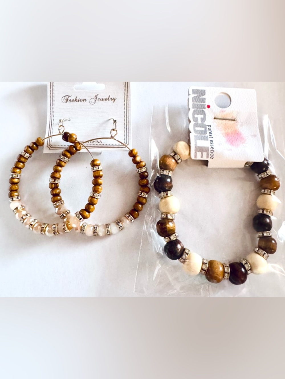 Boho Wood Beads Earrings & Bracelet Set • NIP • Gold-Tone Rhinestones Hoop NEW